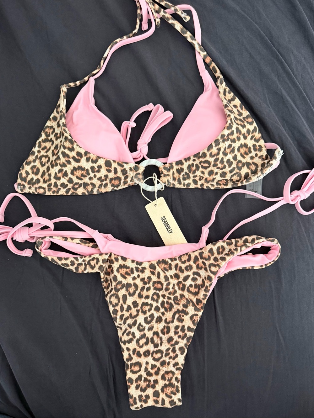 BRAND NEW Seamolly Leopard Print Contrast O-Ring Bikini Set - Pink & Leopard - Picture 2 of 3